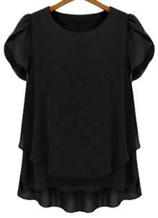 Romwe Round Neck Flouncing Chiffon Black Blouse