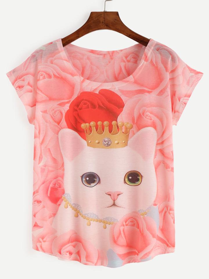 Romwe Pink Rose And Cat Print T-shirt