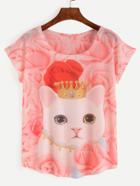 Romwe Pink Rose And Cat Print T-shirt