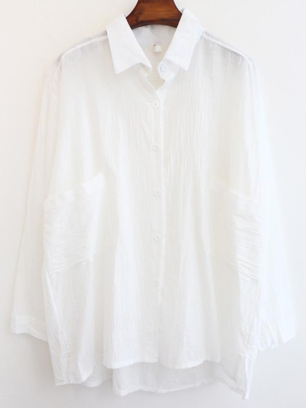 Romwe Lapel With Pockets Dip Hem White Blouse