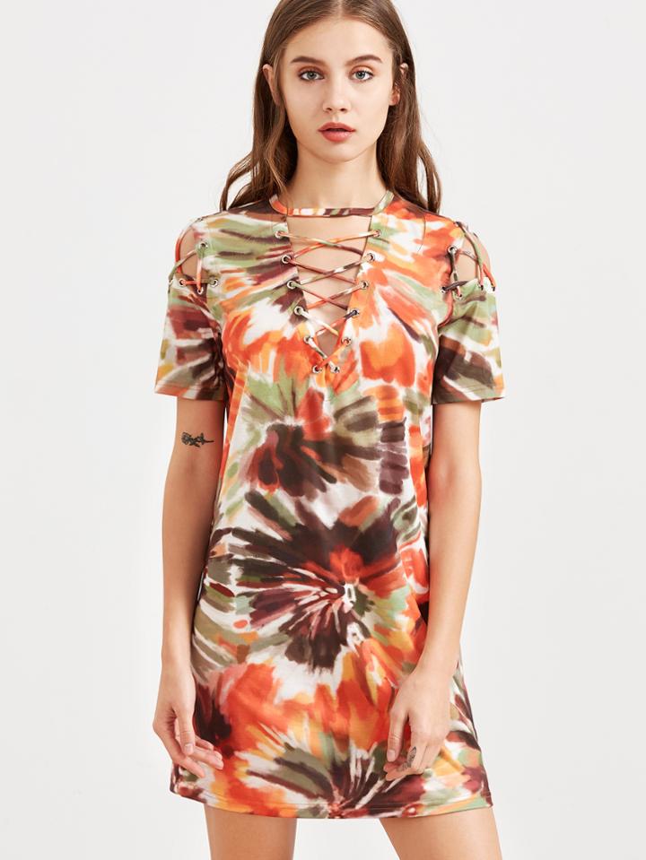 Romwe Multicolor Tie Dye Print Lace Up V Neck Tee Dress