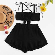 Romwe Knot Front Crop Cami With Shorts