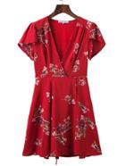 Romwe V-neckline Floral Print Chiffon Dress