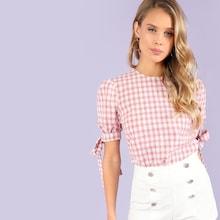 Romwe Keyhole Back Tie Sleeve Gingham Top