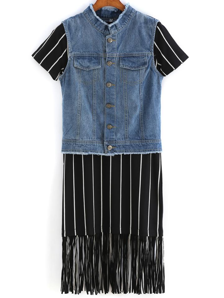 Romwe Denim Vest With Tassel Vertical Striped Dress
