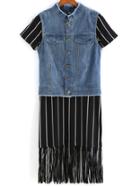 Romwe Denim Vest With Tassel Vertical Striped Dress