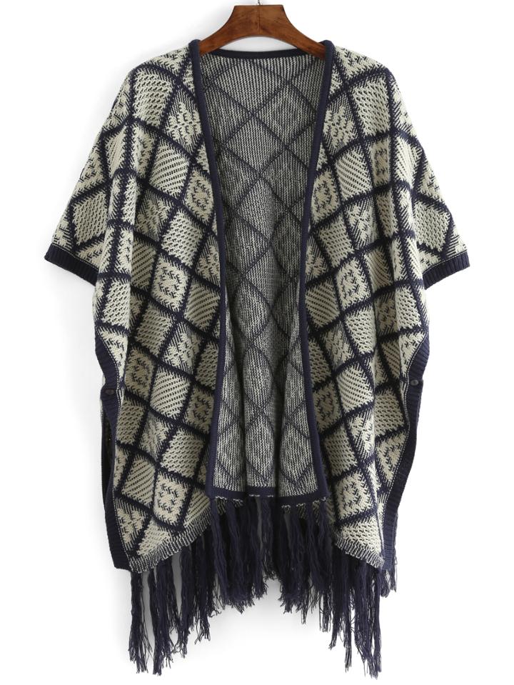 Romwe Plaid Fringe Long Poncho Sweater