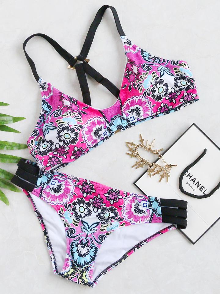 Romwe Hot Pink Floral Print Ladder Cutout Bikini Set