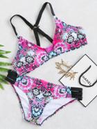 Romwe Hot Pink Floral Print Ladder Cutout Bikini Set