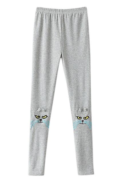 Romwe Cat Face Embroidered Grey Skinny Pants