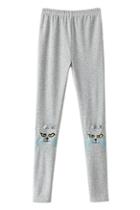 Romwe Cat Face Embroidered Grey Skinny Pants