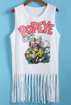 Romwe With Tassel Popeye Print White Tank Top