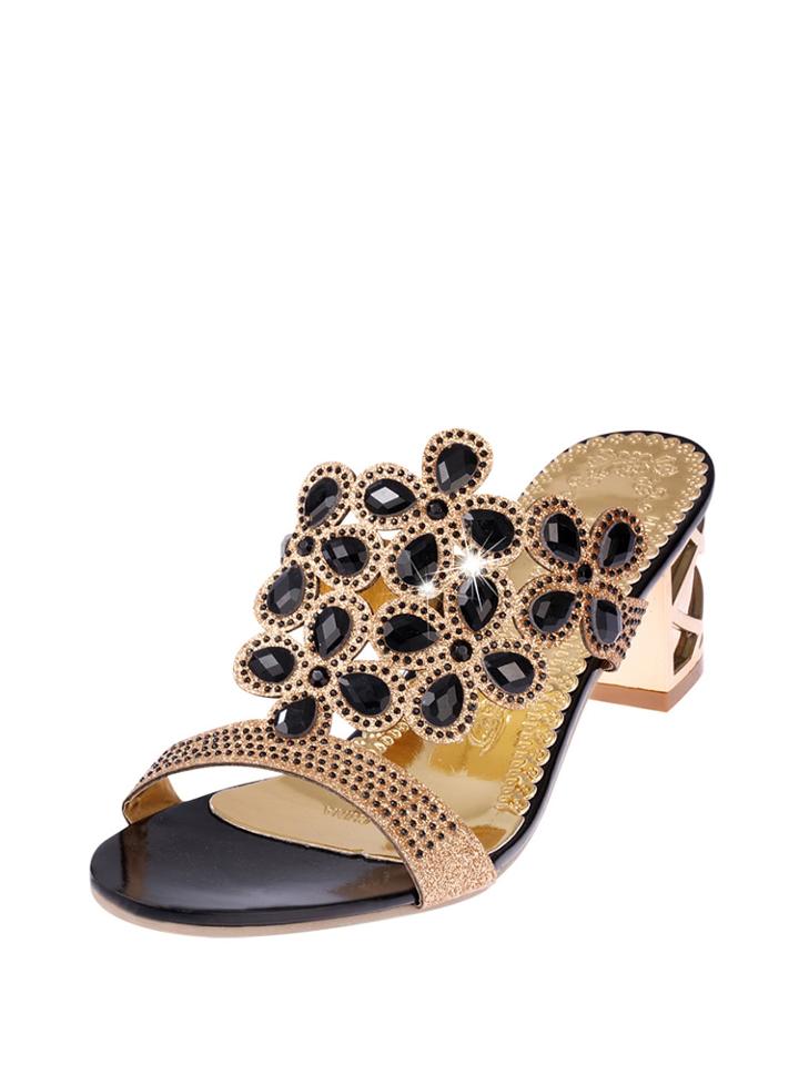 Romwe Rhinestone Decorated Block Heeled Sandals