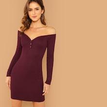 Romwe Form Fitting Buttoned Bardot Dress