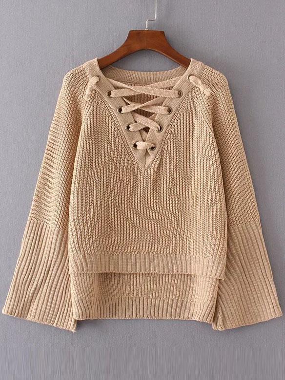 Romwe Khaki Lace Up V Neck High Low Sweater