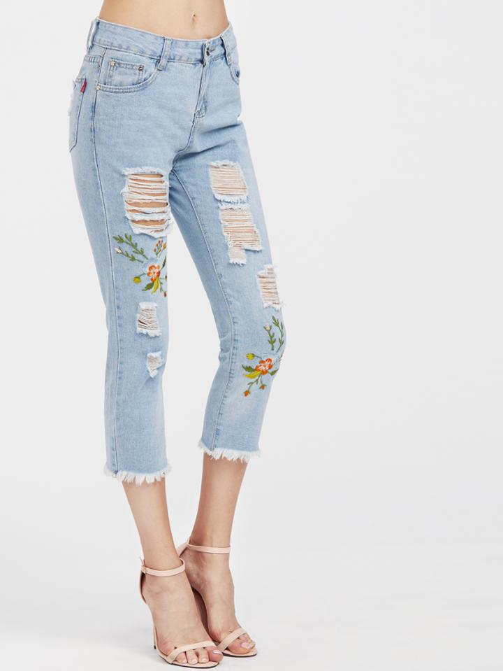 Romwe Embroidery Ripped Frayed Hem Capri Jeans