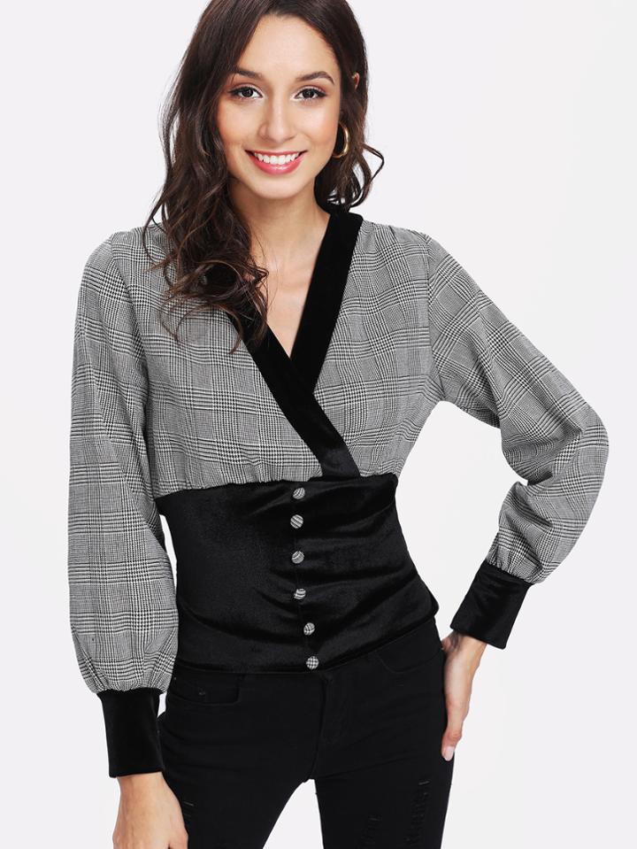 Romwe Contrast Velvet Shirred Waist Plaid Blouse