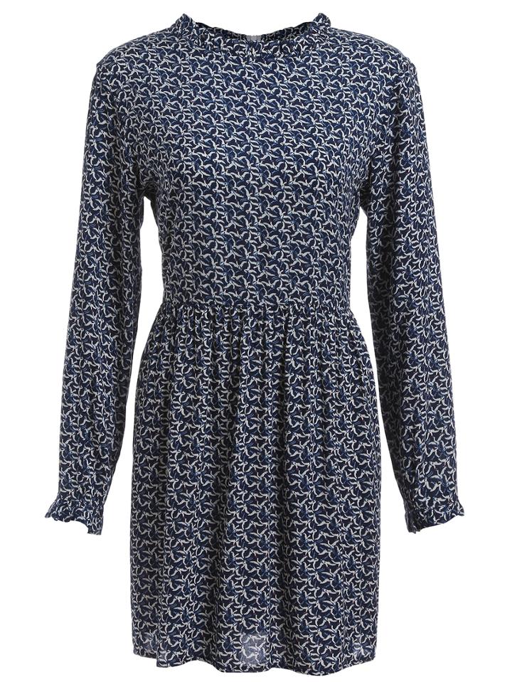 Romwe Long Sleeve Bird Print Blue Dress