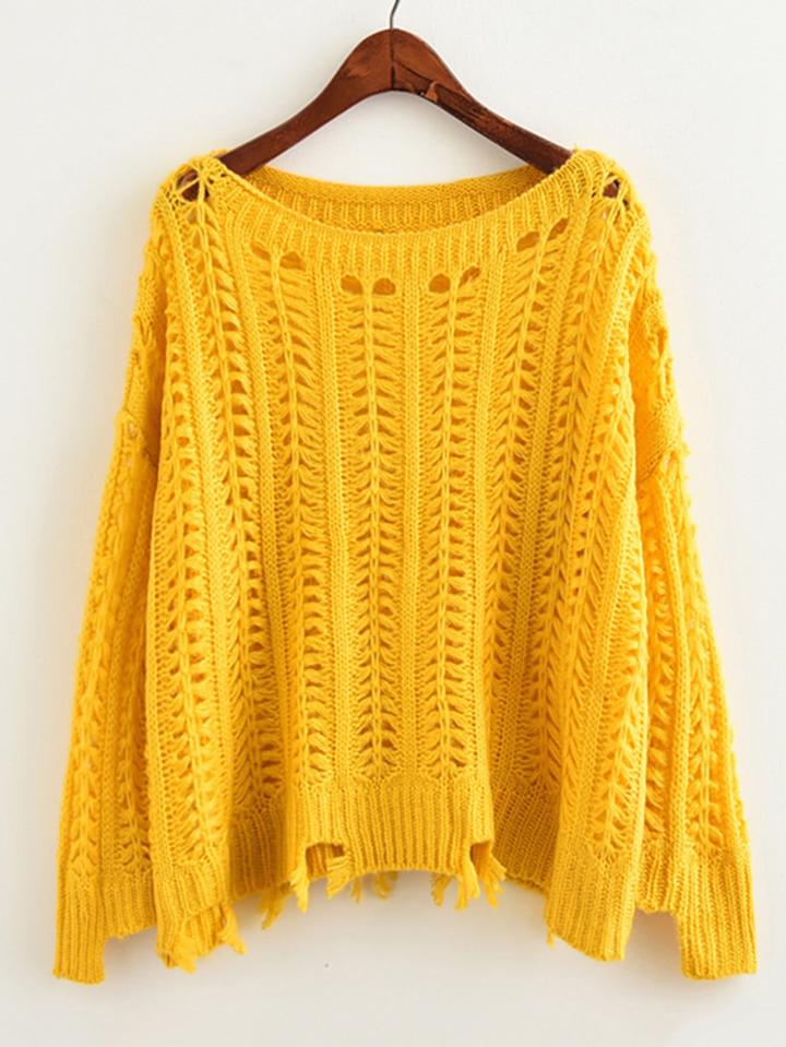 Romwe Hollow Out Raw Hem Knit Sweater