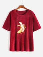 Romwe Burgundy Banana Embroidery Velvet T-shirt