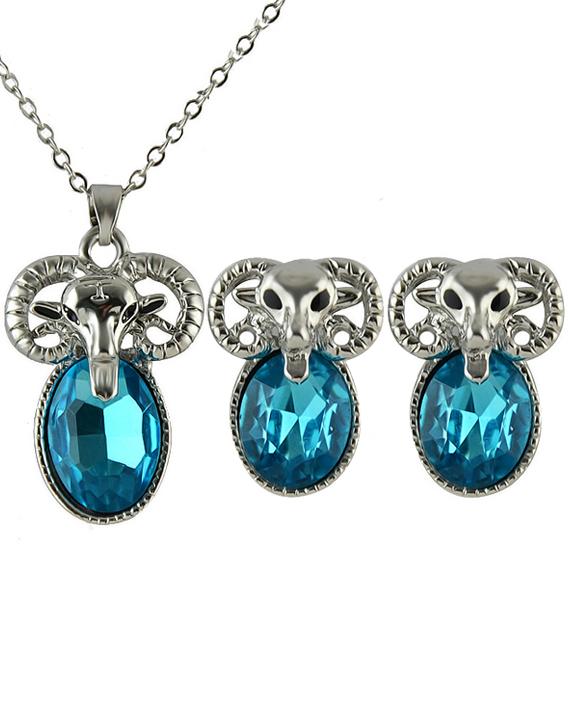 Romwe Green Gemstone Sheep Necklace With Earrings