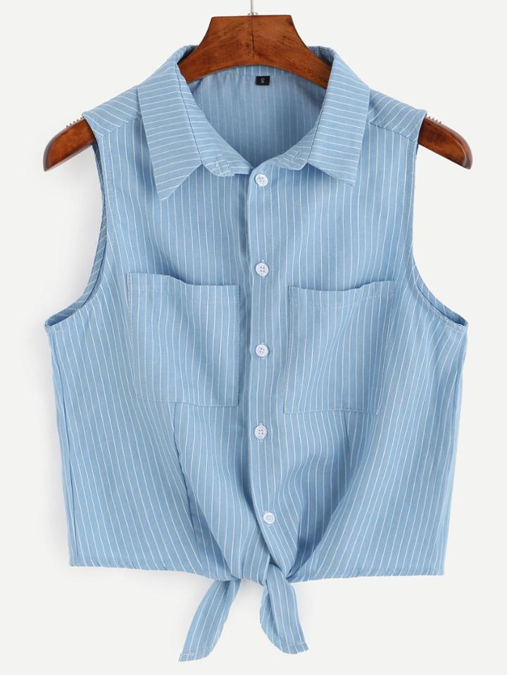 Romwe Blue Vertical Striped Sleeveless Knotted Blouse