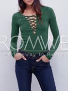 Romwe Green Long Sleeve Lace Up T-shirt