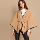 Romwe Contrast Binding Belted Poncho Coat