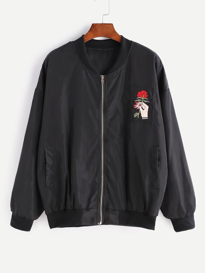 Romwe Black Rose Embroidered Zipper Jacket