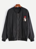 Romwe Black Rose Embroidered Zipper Jacket