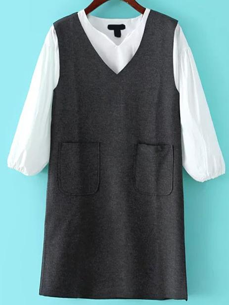 Romwe V Neck Pockets Grey Tank Dress With Shirt