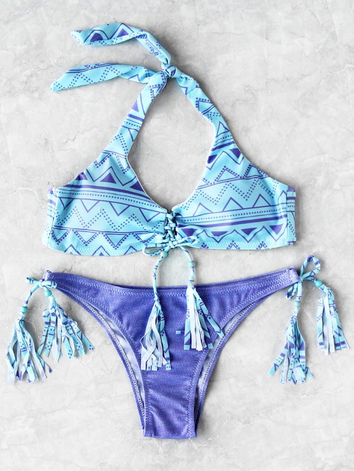 Romwe Geometric Print Tassel Tie Mix & Match Bikini Set