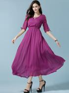 Romwe Purple Open Shoulder Keyhole Chiffon Dress