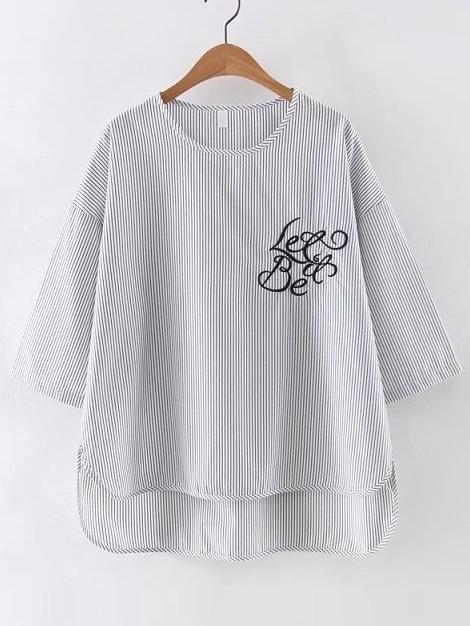 Romwe Contrast Striped Embroidery Vertical Striped High Low Blouse