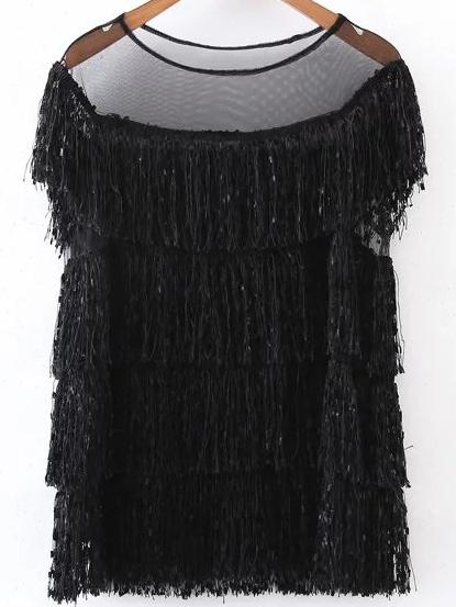 Romwe Contrast Mesh Shoulder Fringe Trim Top
