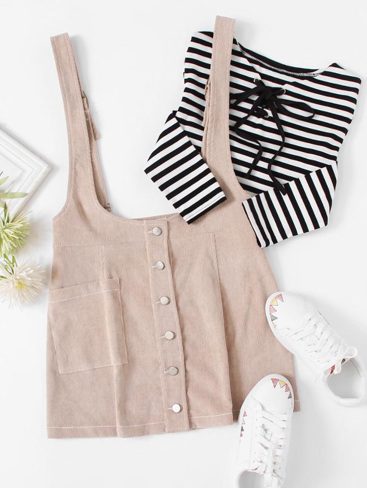 Romwe Single Pocket Buttoned Cord Pinafore Skirt