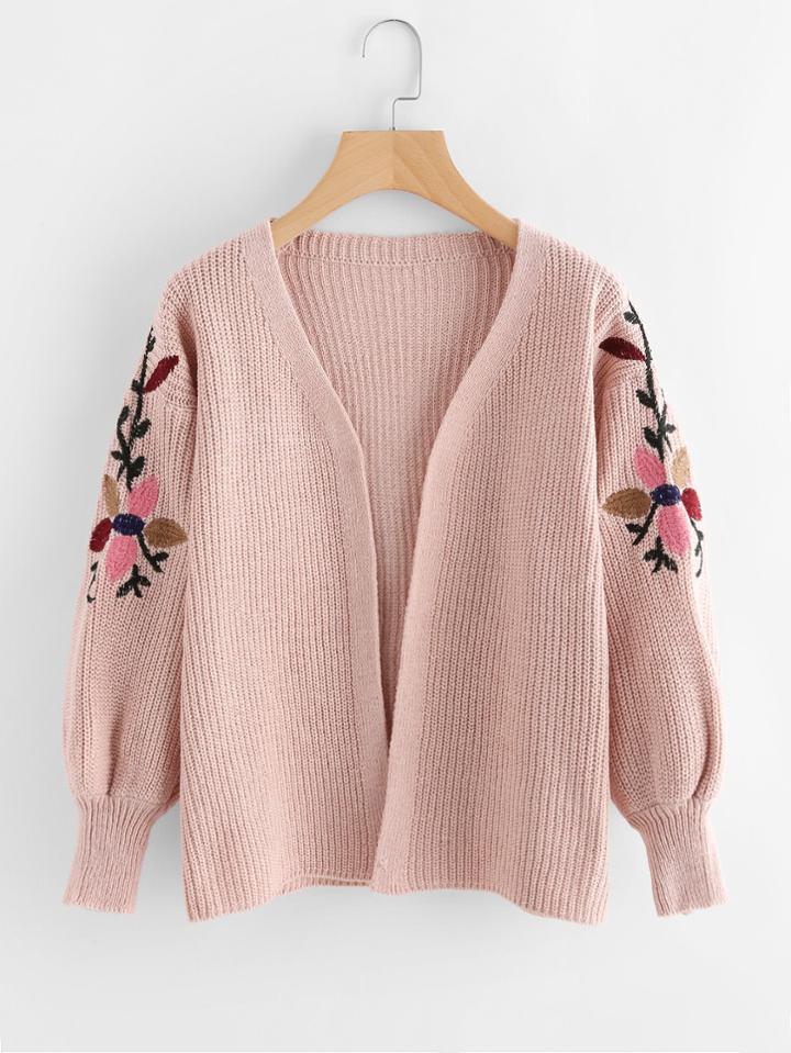 Romwe Floral Embroidered Sleeve Knit Cardigan Sweater