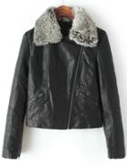 Romwe Faux Fur Lapel Zipper Crop Jacket