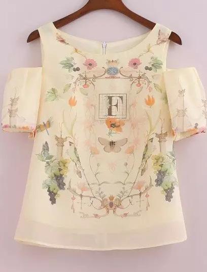 Romwe Off The Shoulder Florals Chiffon Top