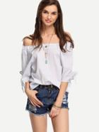 Romwe Blue Striped Off-the-shoulder Tie Sleeve Blouse