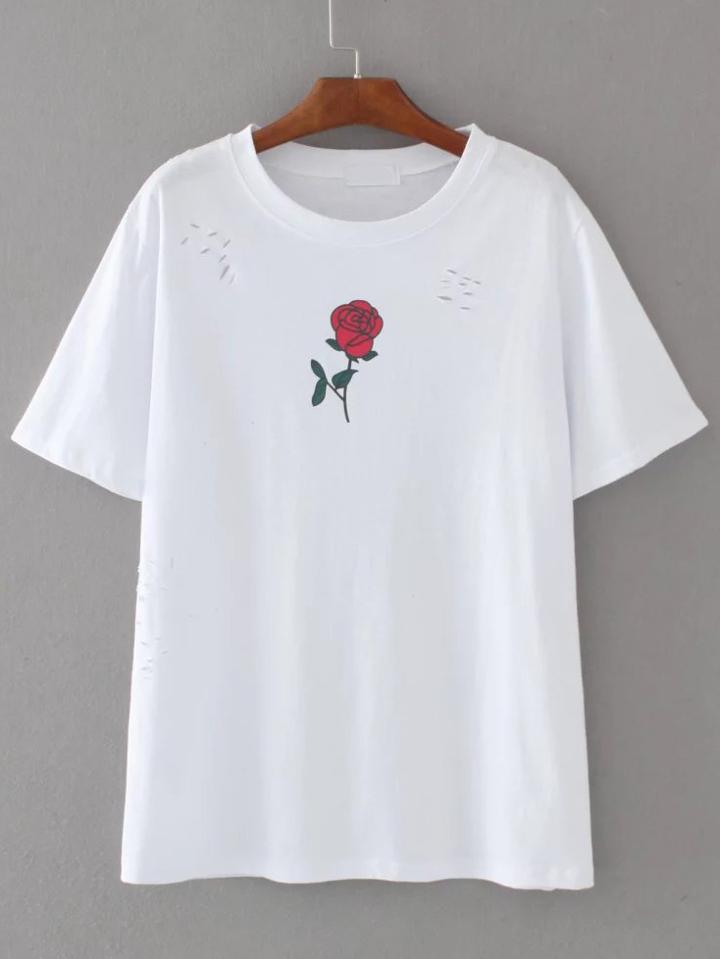 Romwe White Flower Print Ripped Detail T-shirt