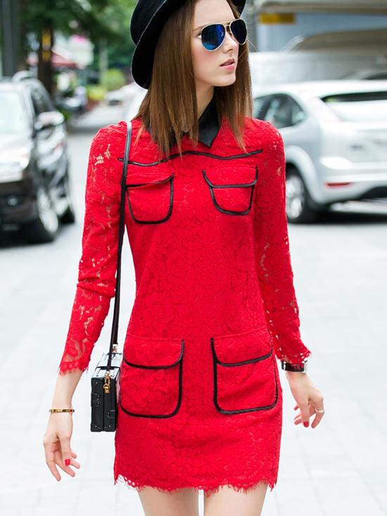 Romwe Red Lapel Long Sleeve Contrast Pu Lace Dress