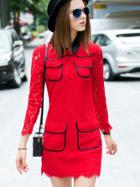 Romwe Red Lapel Long Sleeve Contrast Pu Lace Dress
