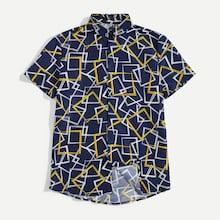 Romwe Guys Geo Print Button Front Shirt