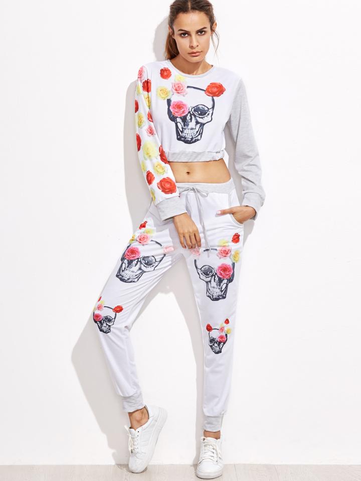 Romwe Contrast Skull Rose Print Sweatshirt With Tie Waist Pants