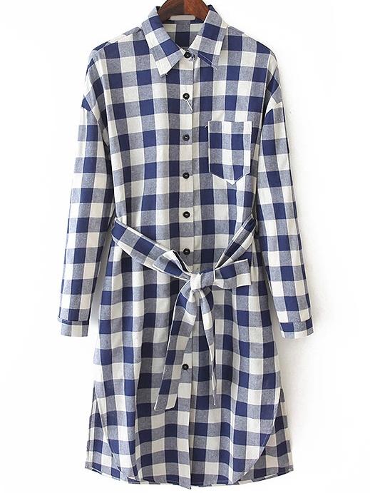 Romwe Plaid Split Blue Shirt Dress With Belt