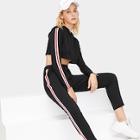 Romwe Striped Panel Drawstring Hoodie With Pants