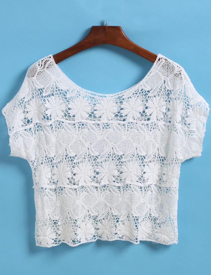 Romwe Floral Crochet Hollow Top