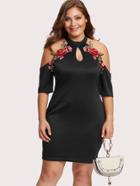 Romwe Cold Shoulder Rose Embroidered Applique Dress