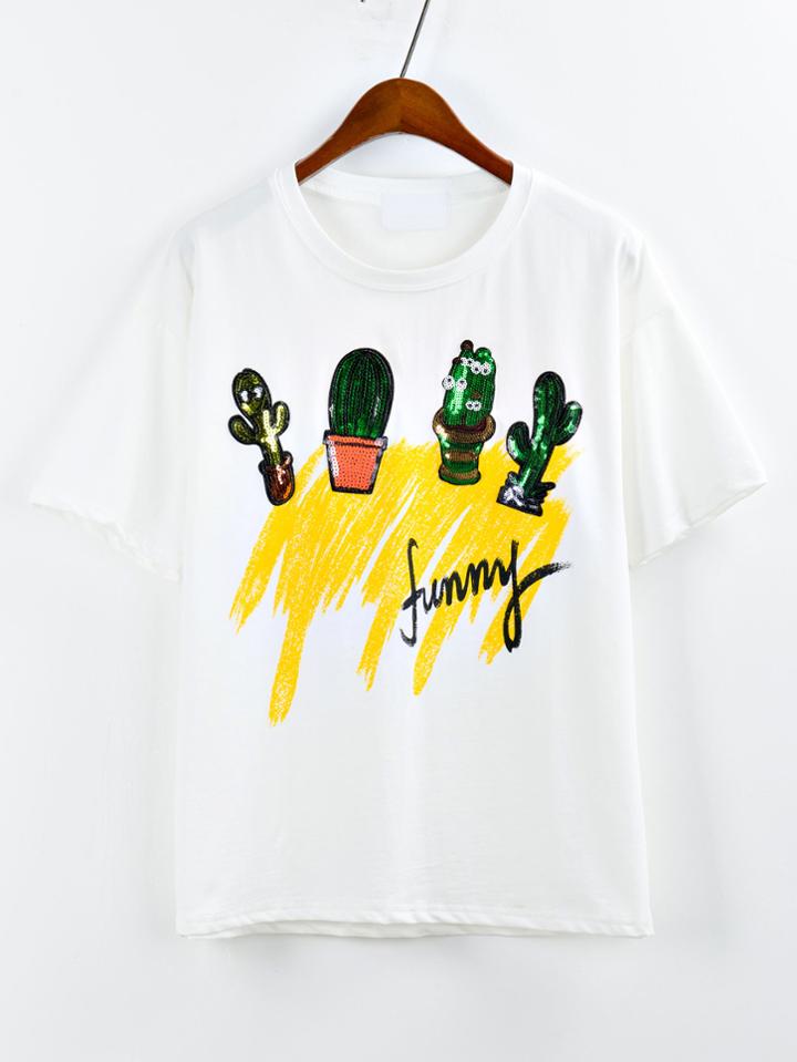 Romwe White Sequin Cactus Drop Shoulder T-shirt